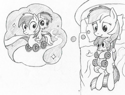 Size: 1840x1400 | Tagged: safe, artist:php87, rainbow dash, oc, oc:wheely bopper, original species, wheelpone, g4, bed, cute, daydream, filly, grayscale, imagination, imagining, monochrome, on back, plushie, ponies riding ponies, riding, sketch, thought bubble, traditional art, younger