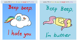 Size: 535x277 | Tagged: safe, fluttershy, rainbow dash, g4, beep beep, butter, cloud, exploitable meme, flutterbutter, hate, juxtaposition, juxtaposition win, literal buttershy, meme