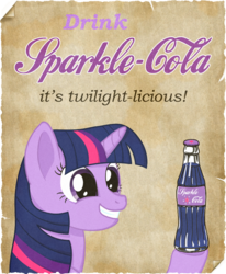 Size: 823x997 | Tagged: safe, artist:addy771, twilight sparkle, pony, unicorn, fallout equestria, g4, advertisement, fanfic, fanfic art, female, hooves, horn, mare, ministry mares, poster, smiling, soda, solo, sparkle cola, text