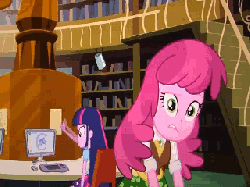 Size: 320x240 | Tagged: safe, screencap, cheerilee, twilight sparkle, equestria girls, g4, my little pony equestria girls, animated, cheerilee is not amused, computer, deep breath, fake smile, female, forced smile, frustrated, library, smiling, stepford smiler, struggle with technology