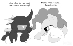 Size: 900x574 | Tagged: safe, artist:haretrinity, doomie, pinkie pie, changeling, g4, bedroom eyes, doomie pie, eye contact, fetish, monochrome, pillow, prone, shipping, simple background, smiling, speech bubble, transparent background