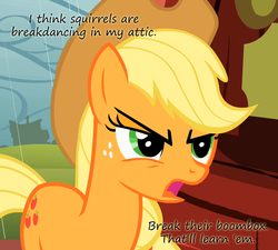 Size: 800x720 | Tagged: safe, applejack, squirrel, g4, angry, attic, boombox, breakdancing, female, insane pony thread, solo, tumblr