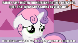 Size: 622x348 | Tagged: safe, sweetie belle, g4, caption, cute, diasweetes, female, image macro, jealous, male, naive sweetie belle, naivete of youth, ship:rarilane, solo, straight