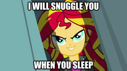 Size: 625x351 | Tagged: safe, edit, edited screencap, screencap, sunset shimmer, equestria girls, g4, my little pony equestria girls, >:d, bronybait, cute, daaaaaaaaaaaw, evil smile, female, grin, image macro, imma snuggle you, pure unfiltered evil, shimmerbetes, smiling, smirk, snuggling, solo
