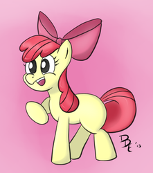 Size: 400x452 | Tagged: safe, artist:plinko, apple bloom, pinkie pie, earth pony, pony, g4, female, open mouth, raised hoof, signature, simple background, solo