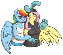 Size: 1164x1015 | Tagged: safe, artist:draneas, fluttershy, rainbow dash, pegasus, anthro, g4, blushing, bunny ears, clothes, dangerous mission outfit, female, hoodie, lesbian, ship:flutterdash, shipping, simple background, transparent background