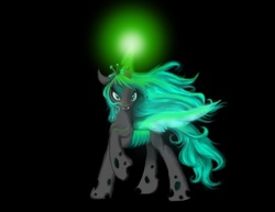 Size: 685x528 | Tagged: safe, artist:colorpalette-art, queen chrysalis, changeling, changeling queen, g4, crown, female, glowing, glowing horn, horn, jewelry, regalia, solo, windswept mane