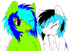 Size: 771x540 | Tagged: safe, artist:setkaponies, oc, oc only, pony, semi-anthro, chest fluff, duo, eye clipping through hair, eyes closed, female, mare, one eye closed, tongue out