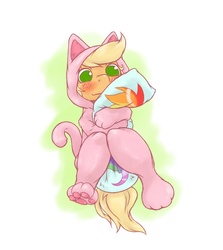 Size: 990x1112 | Tagged: safe, artist:rigi, applejack, rainbow dash, cat, g4, applecat, body pillow, cat's pajamas, clothes, costume, female, footed sleeper, kigurumi, lesbian, pajamas, pillow, pixiv, rainbow cat, ship:appledash, shipping, solo