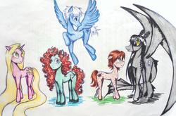 Size: 3835x2525 | Tagged: safe, artist:evaistryingagain, dracony, dragon, hybrid, night fury, pony, amputee, brave (movie), disney, disney princess, dreamworks, hiccup horrendous the third, how to train your dragon, impossibly long hair, impossibly long tail, jack frost, long hair, long mane, merida, pixar, ponified, prosthetic limb, prosthetics, rapunzel, rise of the brave tangled dragons, rise of the guardians, tail fin, tangled (disney), toothless the dragon
