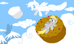 Size: 801x481 | Tagged: safe, artist:shutterflye, derpy hooves, pegasus, pony, g4, cloud, cloudy, female, mare, muffin, solo