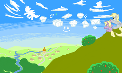 Size: 801x481 | Tagged: safe, artist:shutterflye, derpy hooves, dinky hooves, pegasus, pony, g4, cloud, cloudy, female, imagination, mail, mare, muffin, ponyville, scenery, sky