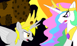 Size: 801x481 | Tagged: safe, artist:shutterflye, derpy hooves, princess celestia, alicorn, pony, g4, derpicorn, horn, muffin, muffin queen, multiple horns