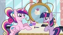 Size: 4800x2700 | Tagged: safe, artist:290pika, princess cadance, twilight sparkle, alicorn, pony, unicorn, g4, duo, duo female, female, filly, happy, makeup, mirror, teen princess cadance, younger