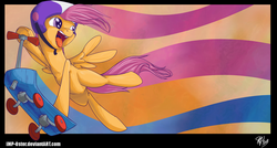 Size: 1470x788 | Tagged: dead source, safe, artist:imp-oster, scootaloo, pegasus, pony, g4, female, filly, foal, riding, scooter, solo, windswept mane