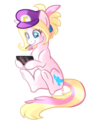 Size: 600x821 | Tagged: safe, artist:twighat, oc, oc only, 3ds, game, hat, mouth hold, sitting, smiling, solo, stylus, super mario bros., underhoof, waluigi's hat