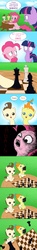 Size: 1057x7184 | Tagged: safe, artist:doublewbrothers, pinkie pie, pound cake, pumpkin cake, twilight sparkle, pony, g4, baby, baby pony, cake twins, chess, comic, drool, gentlemen, omg face, table flip