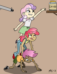 Size: 1041x1347 | Tagged: safe, artist:megasweet, edit, apple bloom, scootaloo, sweetie belle, human, g4, cookie, gun, humanized, pile, shotgun, sweat, this will end in tears and/or death, weapon