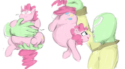 Size: 1440x800 | Tagged: safe, artist:sirmasterdufel, pinkie pie, oc, oc:anon, earth pony, human, pony, g4, burp, fat, female, in goliath's palm, male, mare, micro, obese, piggy pie, pudgy pie, tiny ponies