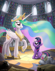 Size: 1275x1650 | Tagged: safe, artist:giantmosquito, princess celestia, twilight sparkle, alicorn, pony, unicorn, g4, :o, book, cute, eye contact, featured image, female, filly, interior, library, looking up, open mouth, raised hoof, saddle bag, scroll, sitting, smiling, twiabetes, weapons-grade cute, younger