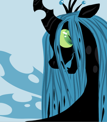 Size: 617x700 | Tagged: safe, artist:albinonarwhale, queen chrysalis, changeling, changeling queen, g4, blue background, bust, crown, female, jewelry, portrait, regalia, simple background, solo