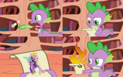 Size: 1200x755 | Tagged: safe, artist:agrol, spike, twilight sparkle, alicorn, pony, g4, burp, comic, dragon mail, dragonfire, exploitable meme, female, fire, fire breath, golden oaks library, green fire, letter, letter to spike, mare, toy, twilight sparkle (alicorn)