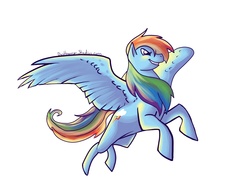 Size: 2443x1884 | Tagged: safe, artist:dustbunny-studios, rainbow dash, pegasus, pony, g4, female, flying, mare, simple background, solo, white background