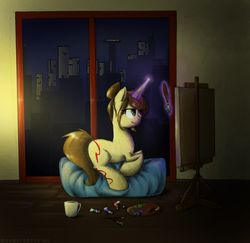 Size: 900x874 | Tagged: safe, artist:moonlightfl, oc, oc only, pony, unicorn, artist, manehattan, night, paint, solo, tea