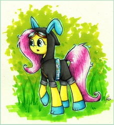 Size: 800x882 | Tagged: safe, artist:moonlightfl, fluttershy, pegasus, pony, rabbit, g4, magic duel, bunny ears, clothes, cute, dangerous mission outfit, female, goggles, hoodie, mare, markers, solo, traditional art, tree