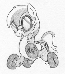 Size: 878x1000 | Tagged: safe, artist:php87, oc, oc only, oc:wheely bopper, original species, wheelpone, clothes, grayscale, grin, monochrome, sketch, smiling, solo, spinning, traditional art, uniform, wheel, wonderbolts, wonderbolts uniform
