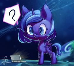 Size: 3138x2828 | Tagged: safe, artist:jggjqm522, princess luna, gamer luna, g4, 3ds, curious, cute, female, filly, frown, high res, moon, nintendo ds, planet, question mark, solo, space, spread wings, starry eyes, wide eyes, wingding eyes, woona, younger