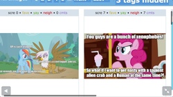 Size: 1136x640 | Tagged: safe, gilda, pinkie pie, rainbow dash, griffon, g4, exploitable meme, juxtaposition, juxtaposition win, meme