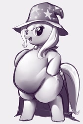 Size: 1280x1910 | Tagged: safe, artist:trinity-fate62, trixie, pony, unicorn, g4, belly, bipedal, fat, female, monochrome, solo, the great and bountiful trixie