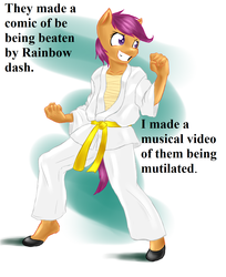 Size: 1118x1368 | Tagged: safe, scootaloo, anthro, g4, female, karate kid, meme, ponified meme, solo, text