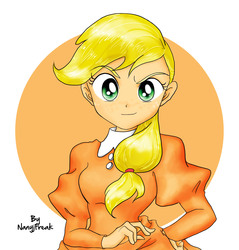 Size: 1600x1676 | Tagged: safe, artist:nancysauria, applejack, human, g4, braid, clothes, dress, female, freckles, humanized, looking at you, signature, smiling, solo