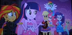 Size: 1213x586 | Tagged: safe, screencap, applejack, fluttershy, pinkie pie, rainbow dash, rarity, sunset shimmer, twilight sparkle, equestria girls, g4, my little pony equestria girls, faic, fall formal outfits, female, hatless, mane six, missing accessory