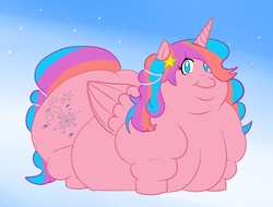 Size: 922x702 | Tagged: safe, artist:askcocoamtn, artist:glwuffie, oc, oc only, alicorn, pony, alicorn oc, breasts, cleavage, double chin, fat, fat boobs, female, hailee, misplaced boobs, morbidly obese, nudity, obese, princess, solo