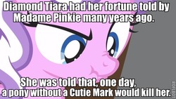 Size: 500x281 | Tagged: safe, edit, edited screencap, screencap, diamond tiara, pinkie pie, g4, female, headcanon, image macro, madame pinkie, prophecy, roflbot, scrunchy face, solo, text