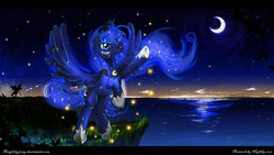 Size: 1024x576 | Tagged: safe, artist:anightlypony, princess luna, firefly (insect), g4, cliff, female, leaves, moon, night, ocean, solo