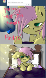 Size: 912x1540 | Tagged: safe, artist:extradan, artist:kittentoots, fluttershy, pony, g4, bed, bed mane, comic, drunkershy, female, morning ponies, solo, tumblr