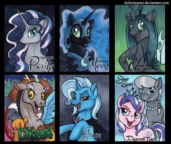 Size: 710x600 | Tagged: safe, artist:helicityponi, diamond tiara, discord, nightmare moon, nightmare rarity, queen chrysalis, silver spoon, trixie, alicorn, changeling, changeling queen, draconequus, earth pony, pony, unicorn, g4, alicorn amulet, antagonist, female, male, mare, nightmare grayity, traditional art