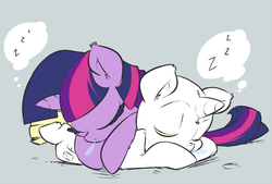 Size: 1000x675 | Tagged: safe, artist:atryl, twilight sparkle, oc, oc:ceri, pony, unicorn, g4, bald, cute, horn, scar, sleeping, snot bubble, snuggling