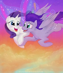 Size: 782x900 | Tagged: safe, artist:celestiathegreatest, rarity, oc, pegasus, pony, unicorn, g4, butterfly wings, canon x oc, cloud, cloudy, dream, flying, holding hooves, loving gaze, shipping