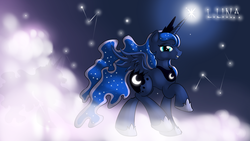 Size: 3000x1687 | Tagged: safe, artist:malamol, princess luna, g4, cloud, cloudy, female, grin, looking at you, night, raised hoof, raised leg, smiling, solo, spread wings, stars