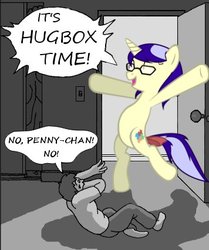 Size: 356x426 | Tagged: safe, oc, oc only, oc:pennychan, door, goofy time, hape, hug, imageboard, imma snuggle you, meme, ponychan, reaction image, text