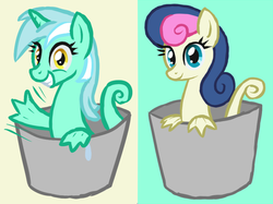 Size: 821x615 | Tagged: safe, artist:arrkhal, bon bon, lyra heartstrings, sweetie drops, sea pony, g4, bucket, seapony bon bon, seapony lyra, species swap, waving