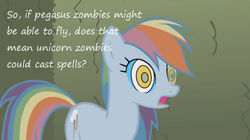 Size: 800x447 | Tagged: safe, edit, edited screencap, screencap, rainbow dash, pegasus, pony, unicorn, zombie, g4, the return of harmony, discorded, female, hypno dash, hypnosis, insane pony thread, solo, swirly eyes, tumblr, wingless