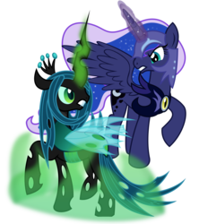 Size: 4938x5559 | Tagged: dead source, safe, artist:theshadowstone, princess luna, queen chrysalis, alicorn, changeling, changeling queen, pony, g4, absurd resolution, armor, duo, duo female, female, magic, mare, simple background, transparent background