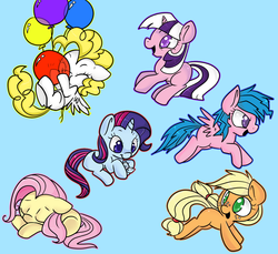 Size: 1200x1100 | Tagged: safe, artist:lustrous-dreams, applejack (g1), firefly, posey, sparkler (g1), surprise, twilight, earth pony, pegasus, pony, unicorn, g1, g4, adoraprise, balloon, blowing up balloons, cute, diamonds, female, filly, filly twilight, floating, flyabetes, foal, g1 jackabetes, g1 six, g1 to g4, g1 twiabetes, generation leap, outline, poseybetes, simple background, then watch her balloons lift her up to the sky, younger