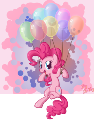 Size: 1000x1299 | Tagged: safe, artist:lordyanyu, pinkie pie, pony, g4, balloon, cute, diapinkes, female, floating, flying, open mouth, solo, then watch her balloons lift her up to the sky
